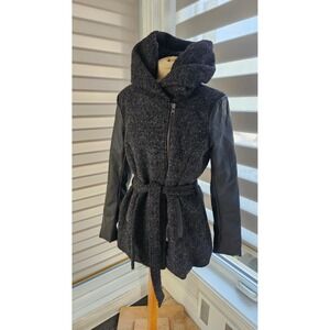 NEW ONLY Chic Belted Wool COAT Jacket‎ with Faux Leather Sleeves Sz XL